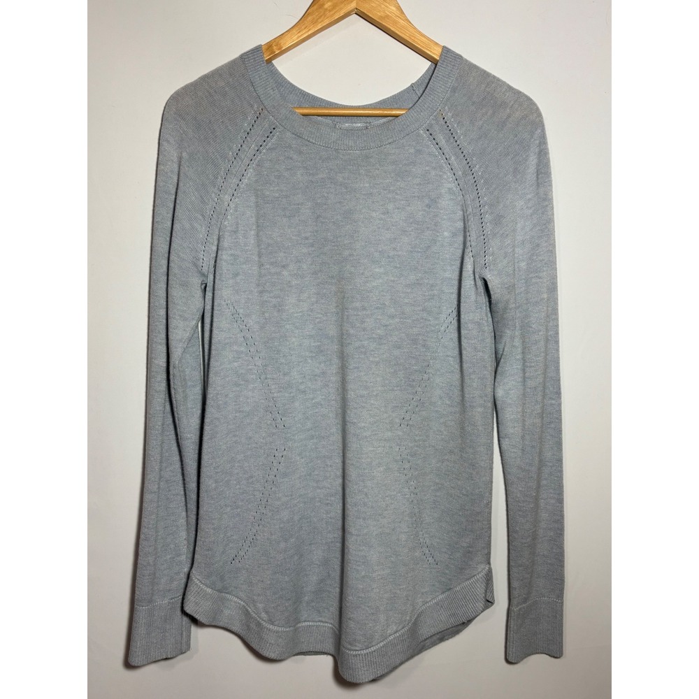 Lululemon Open Back Pointelle Knit Sweater Heathered Blue Crewneck Womens Size 6